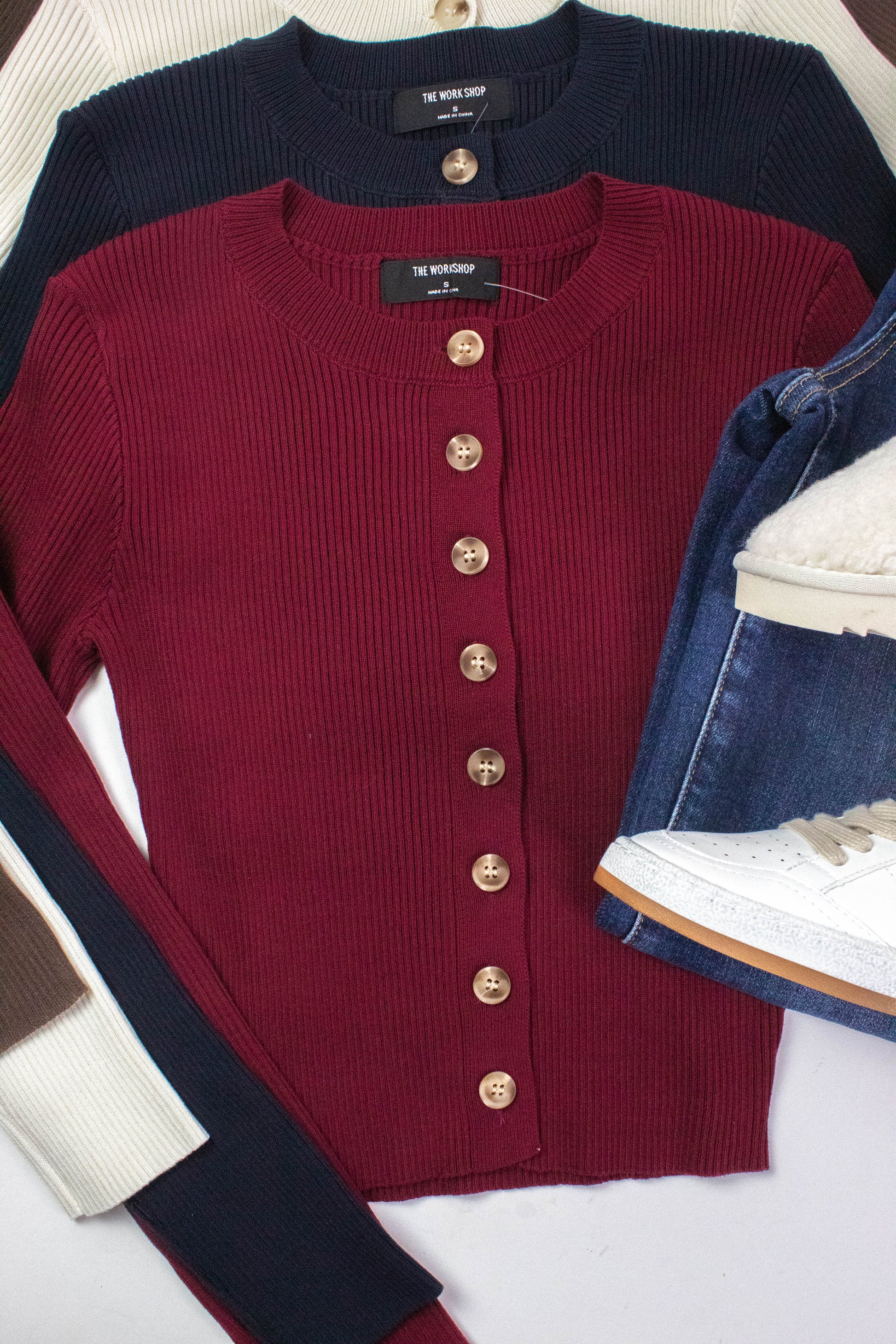 Josie Rib Knit Cropped Cardigan, Red Wood