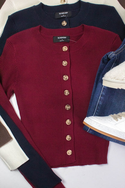  Josie Rib Knit Cropped Cardigan, Red Wood