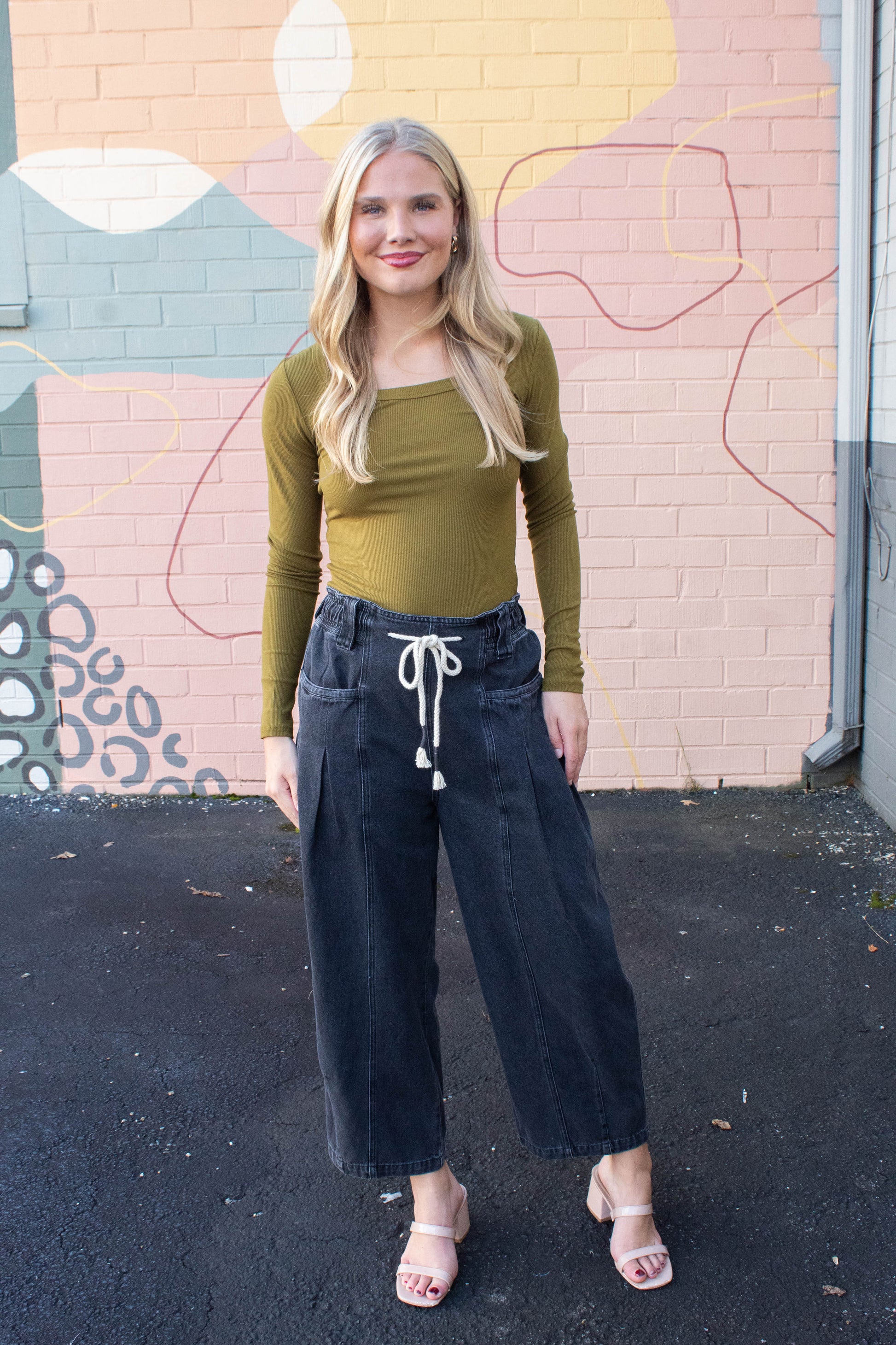  Raya Drawstring Barrel Leg Pants, Black Denim