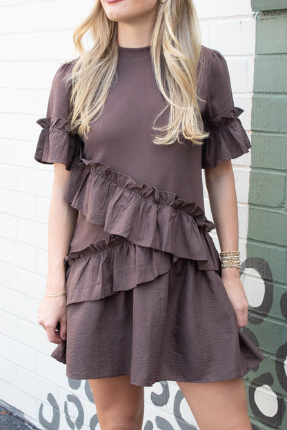  Cora Ruffle Detailed T-Shirt Dress, Cocoa