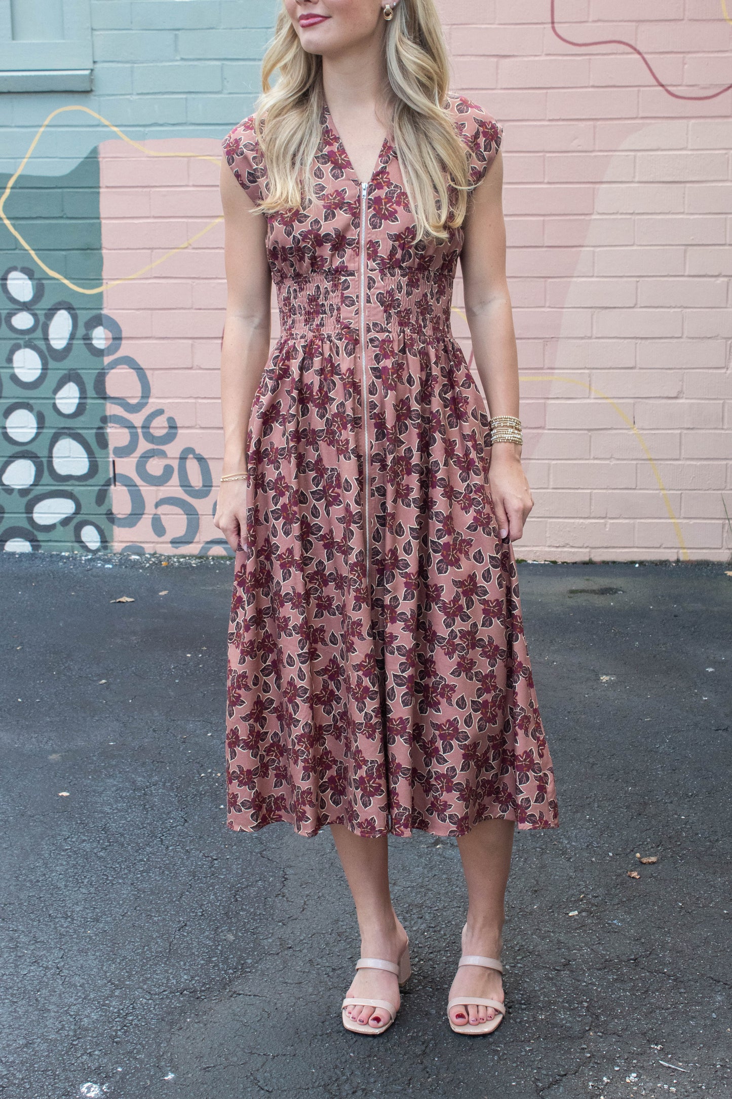  Molly Printed Front Zip Dress, Dusty Rose/Wine
