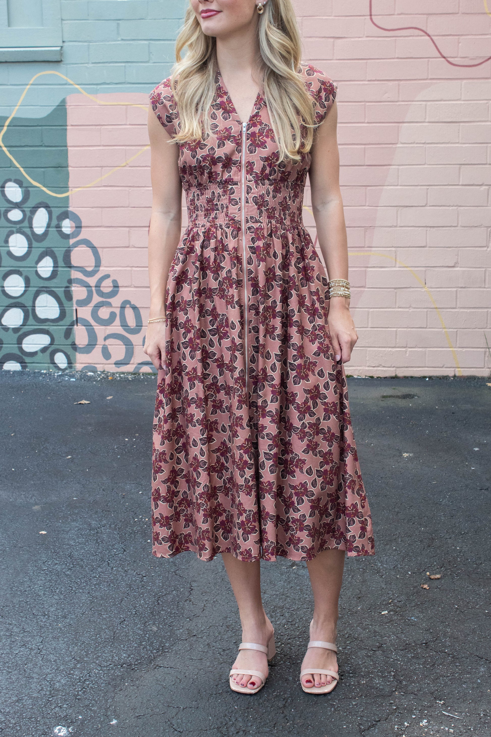  Molly Printed Front Zip Dress, Dusty Rose/Wine