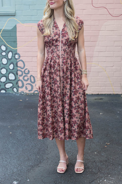  Molly Printed Front Zip Dress, Dusty Rose/Wine