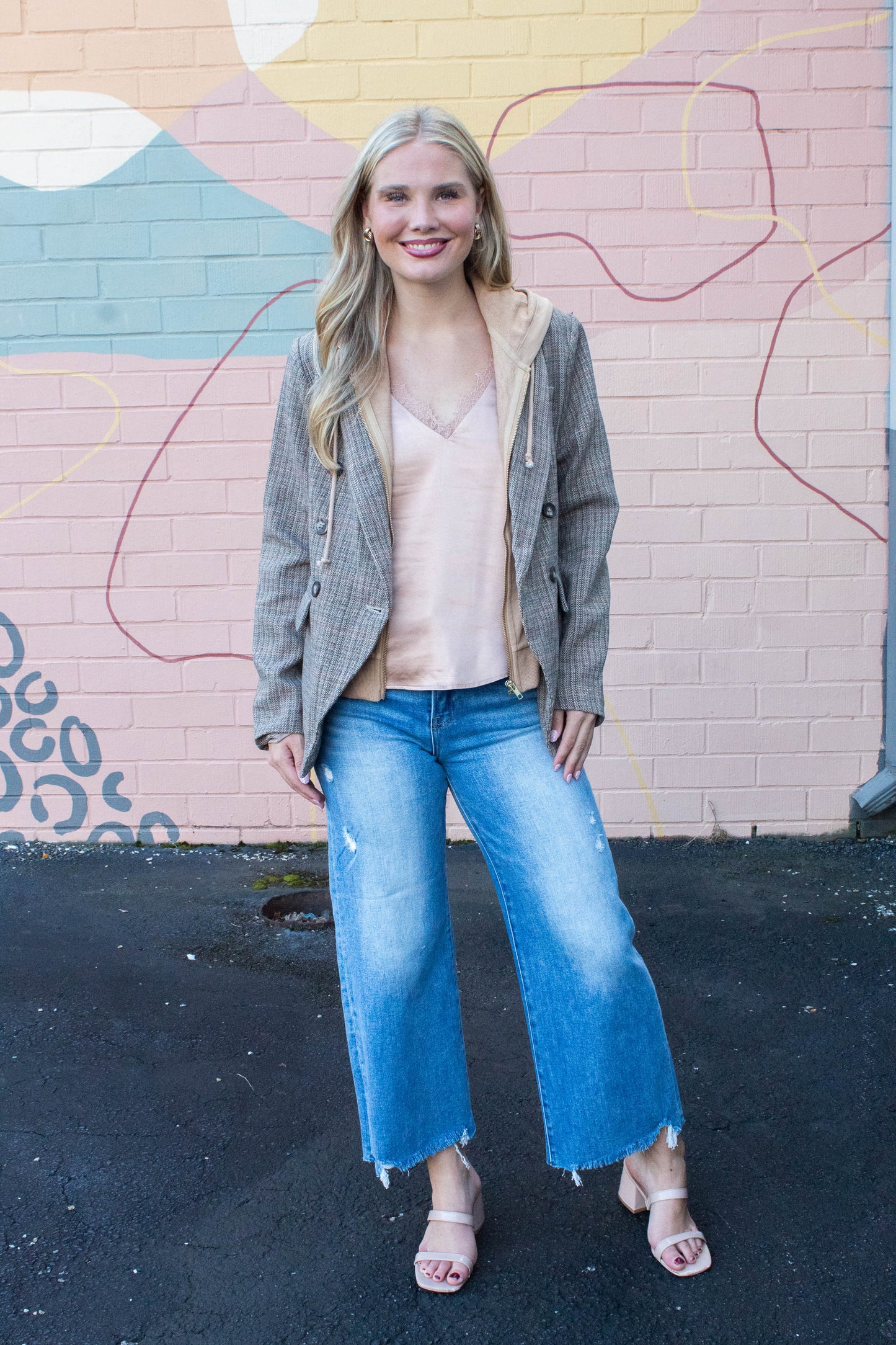  Jovie Herringbone Pattern Hooded Blazer, Tan Combo