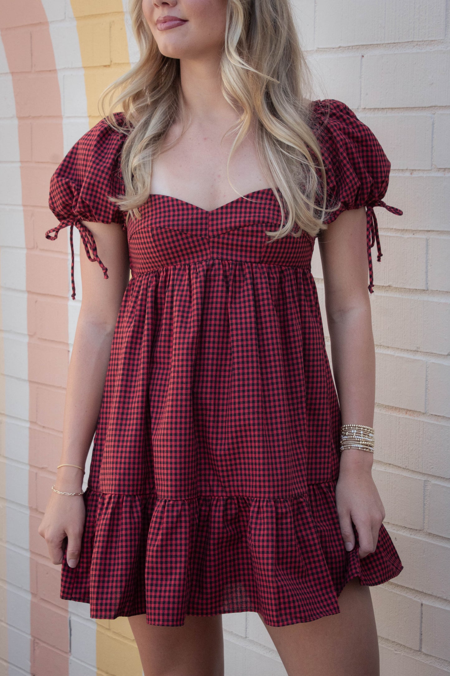  Francine Sweetheart Neck Checkered Dress, Black Red