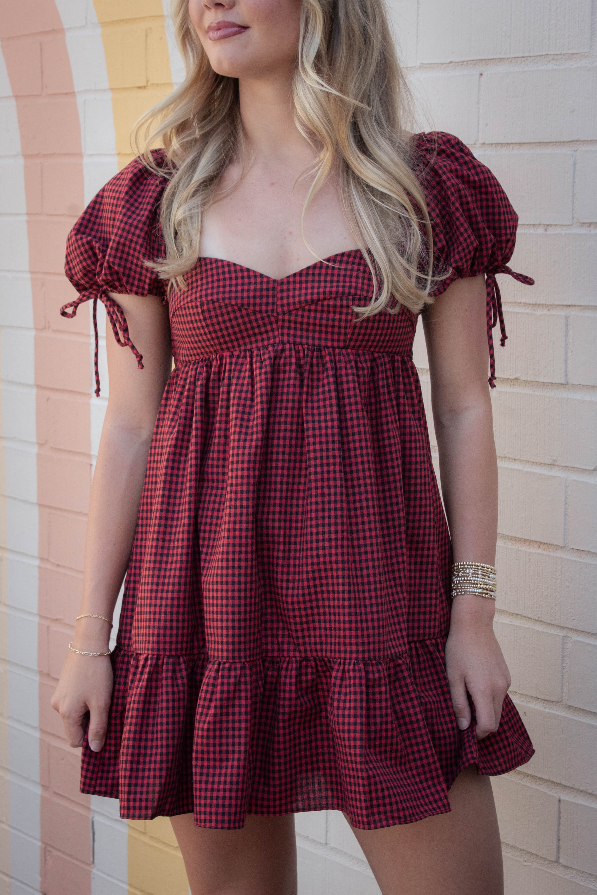  Francine Sweetheart Neck Checkered Dress, Black Red