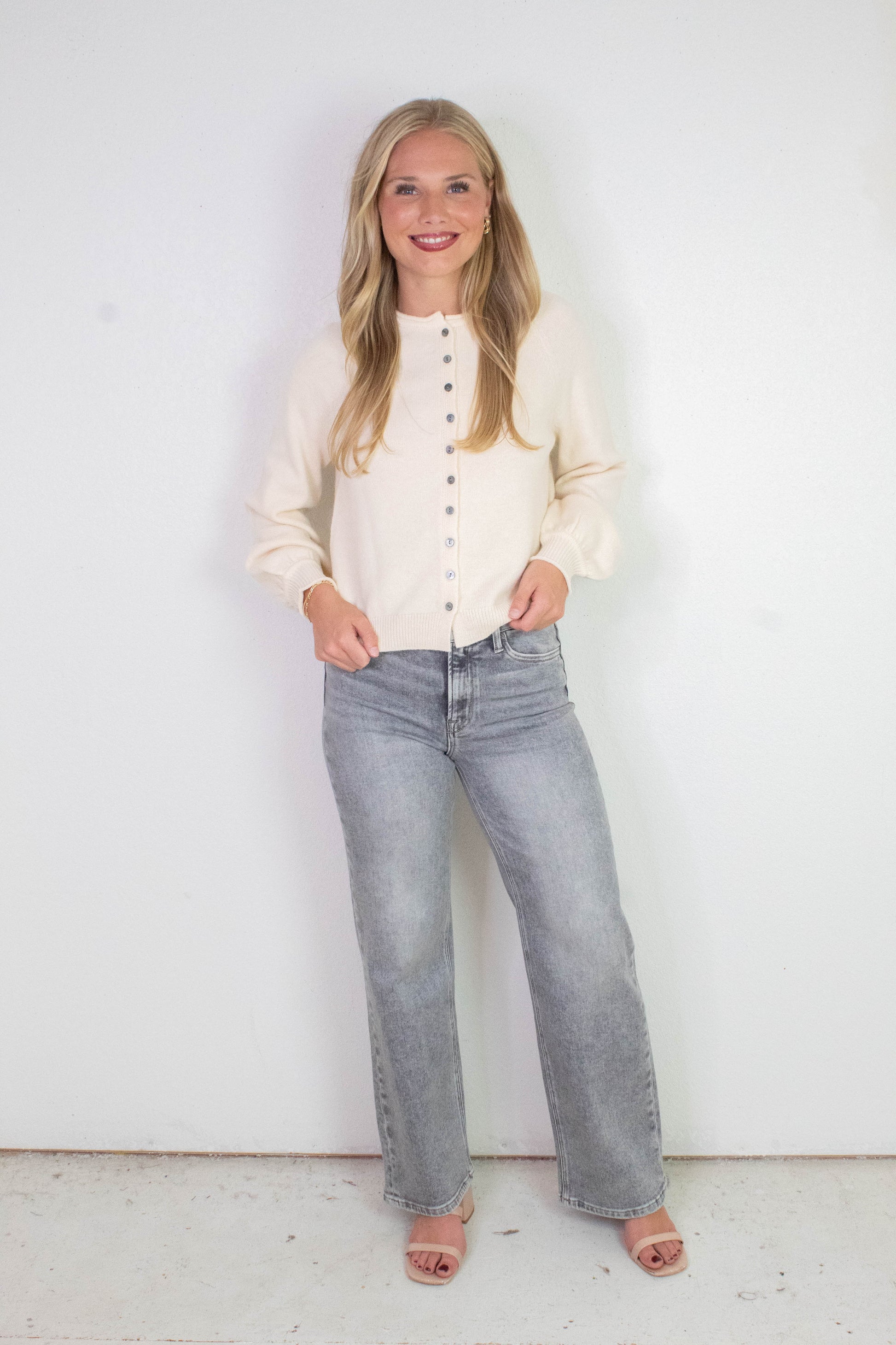  Juliette Rolled Edge Balloon Sleeve Cardigan, Cream