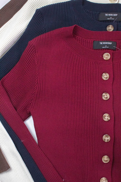  Josie Rib Knit Cropped Cardigan, Red Wood