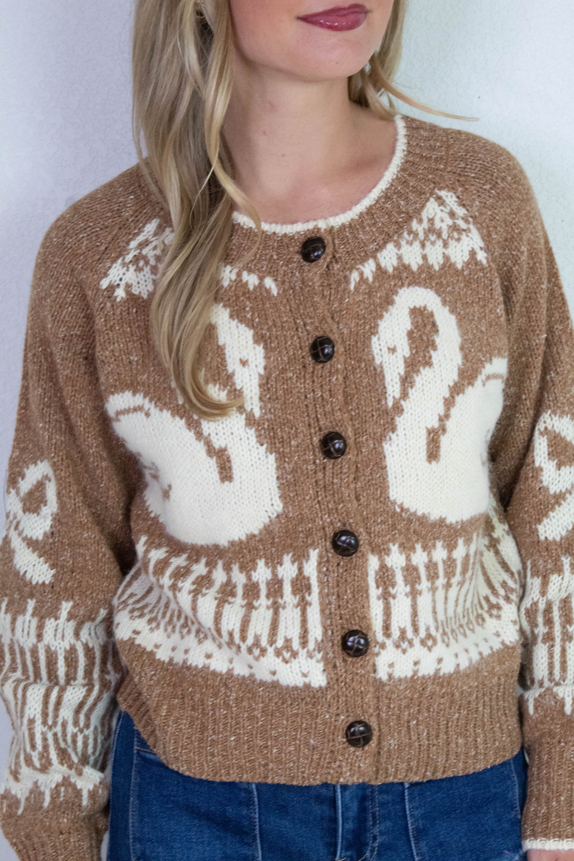  Tali Swan Jacquard Cardigan, Caramel