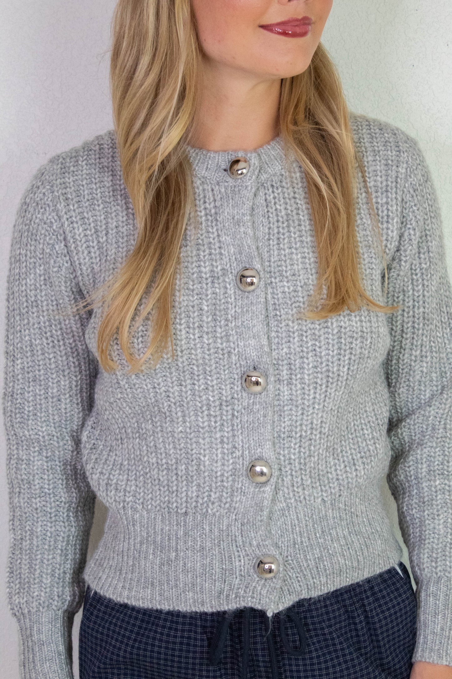  Letrice Silver Button Cardigan, Silver Grey Melange | RD Style