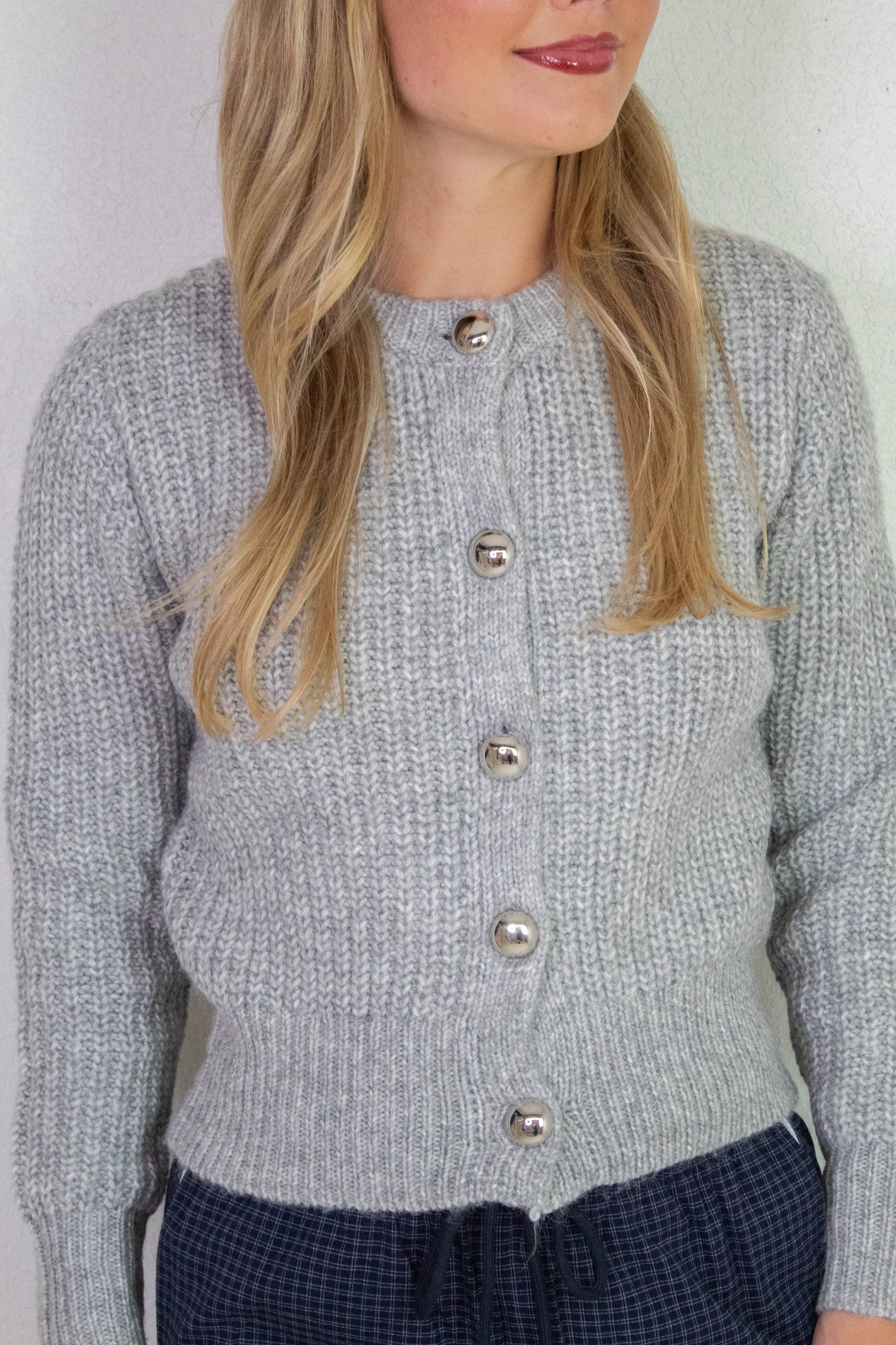  Letrice Silver Button Cardigan, Silver Grey Melange | RD Style