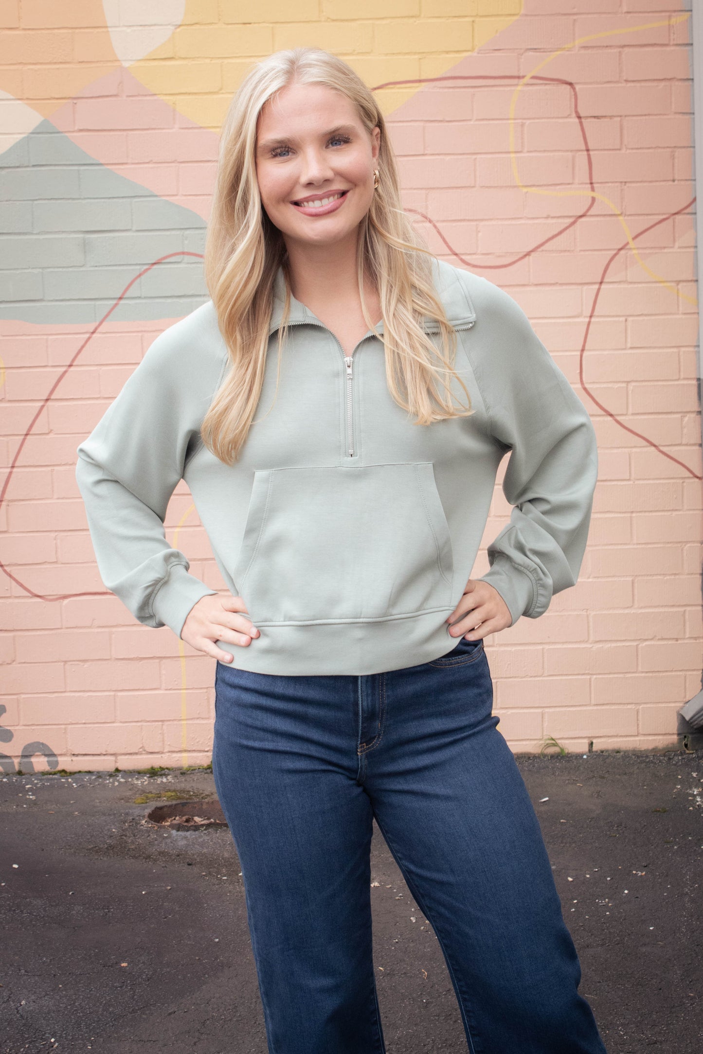  Jovie Half Zip Knit Sweatshirt, Sage Green