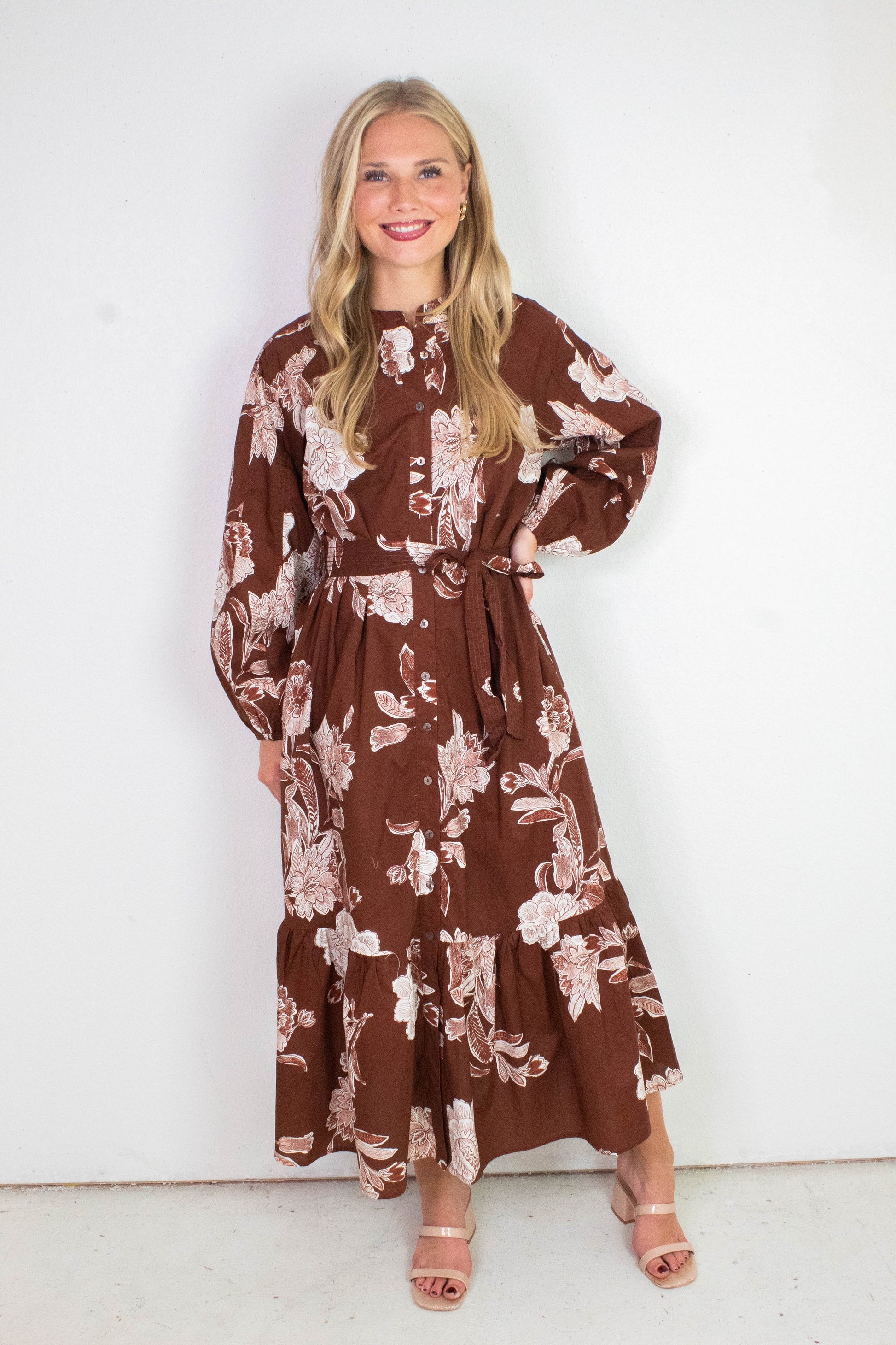  Monroe Floral Belted Maxi Dress, Brown
