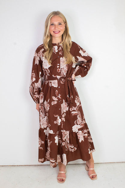  Monroe Floral Belted Maxi Dress, Brown