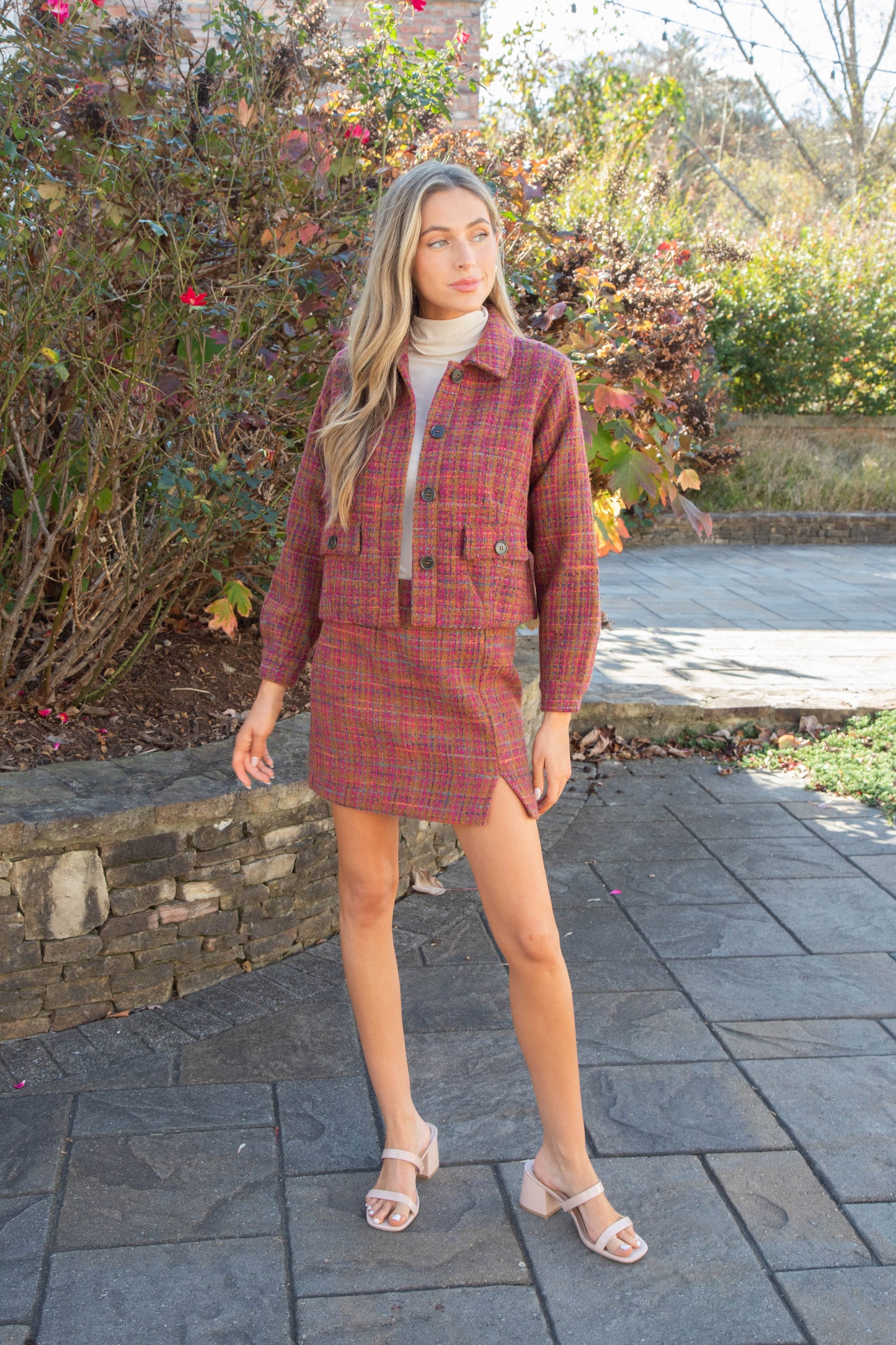  Kiah Tweed Mini Skirt, Plum/Camel