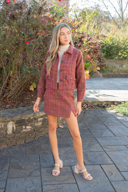  Kiah Tweed Mini Skirt, Plum/Camel