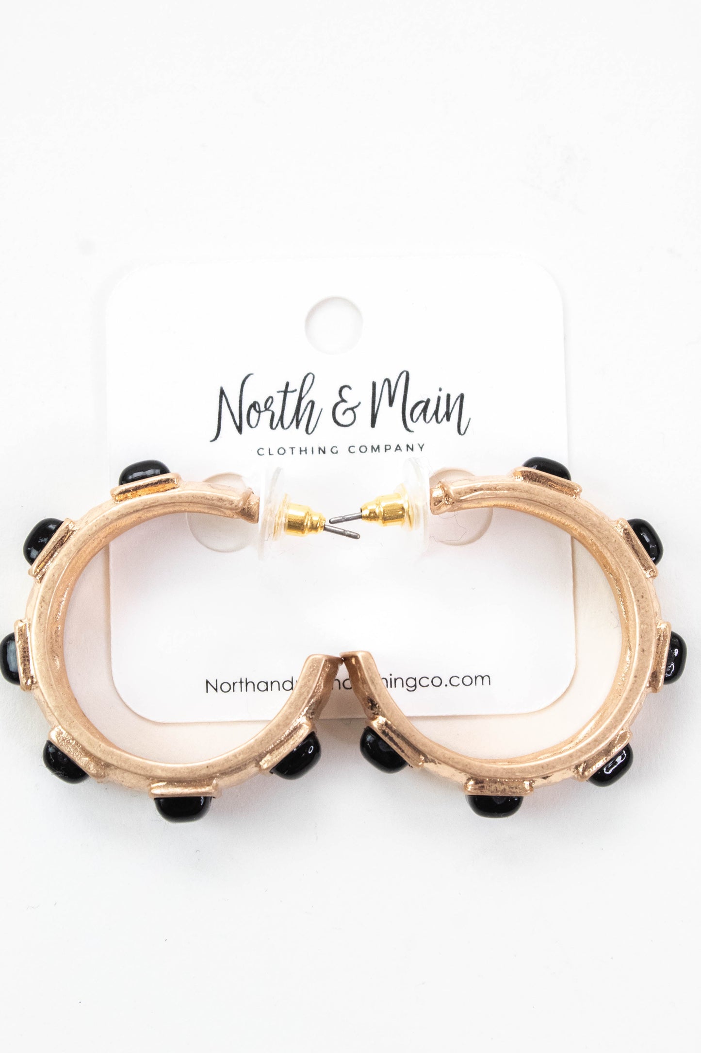  Macy Black Square Stone Hoop Earring, Worn Gold