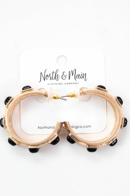  Macy Black Square Stone Hoop Earring, Worn Gold