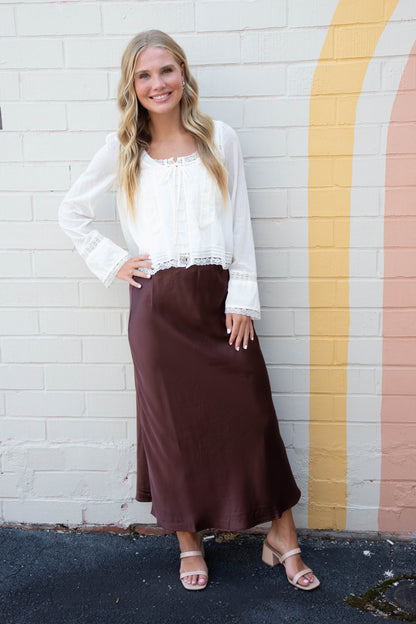  Brinley Satin Maxi Skirt, Chestnut