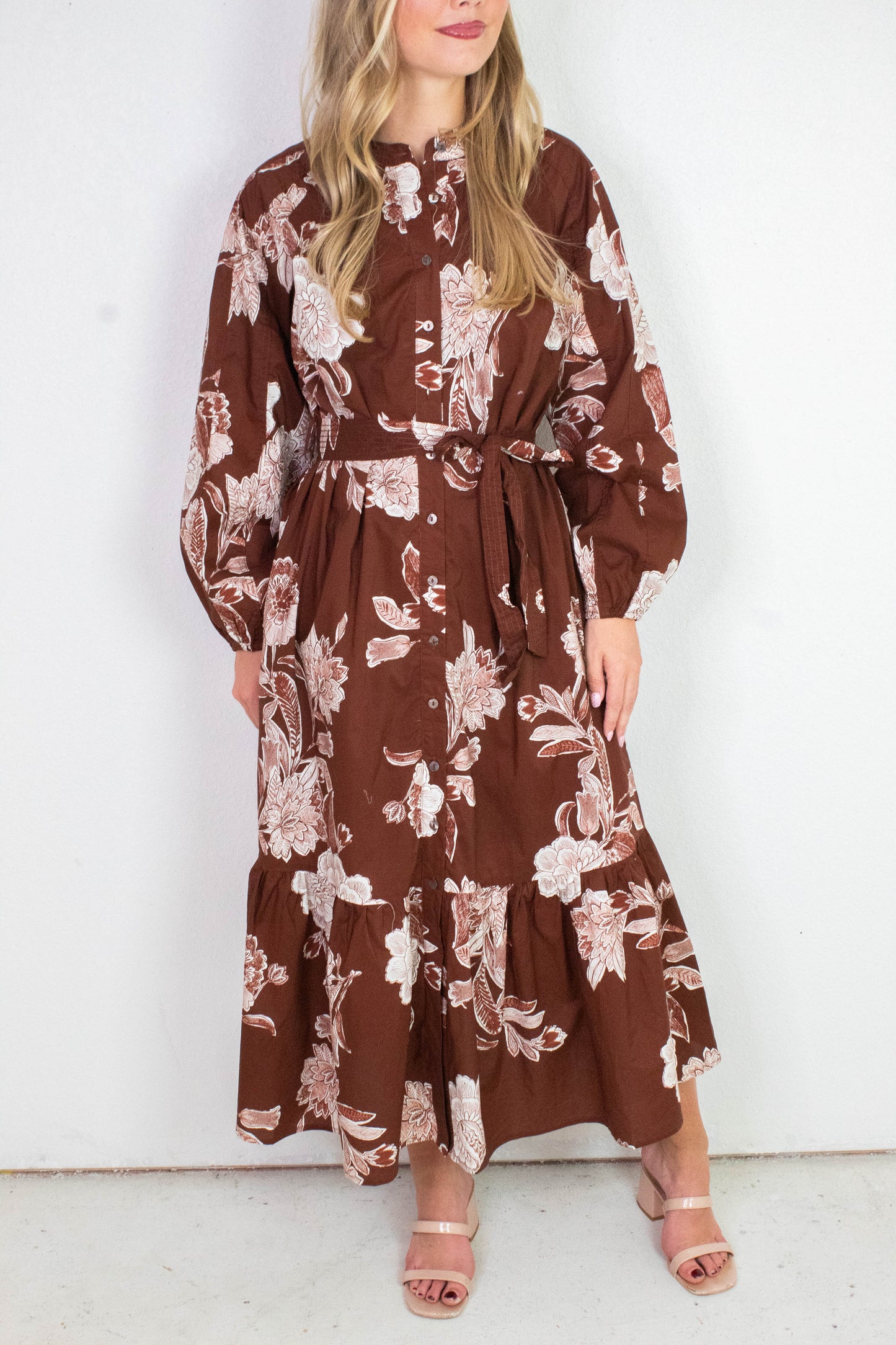  Monroe Floral Belted Maxi Dress, Brown