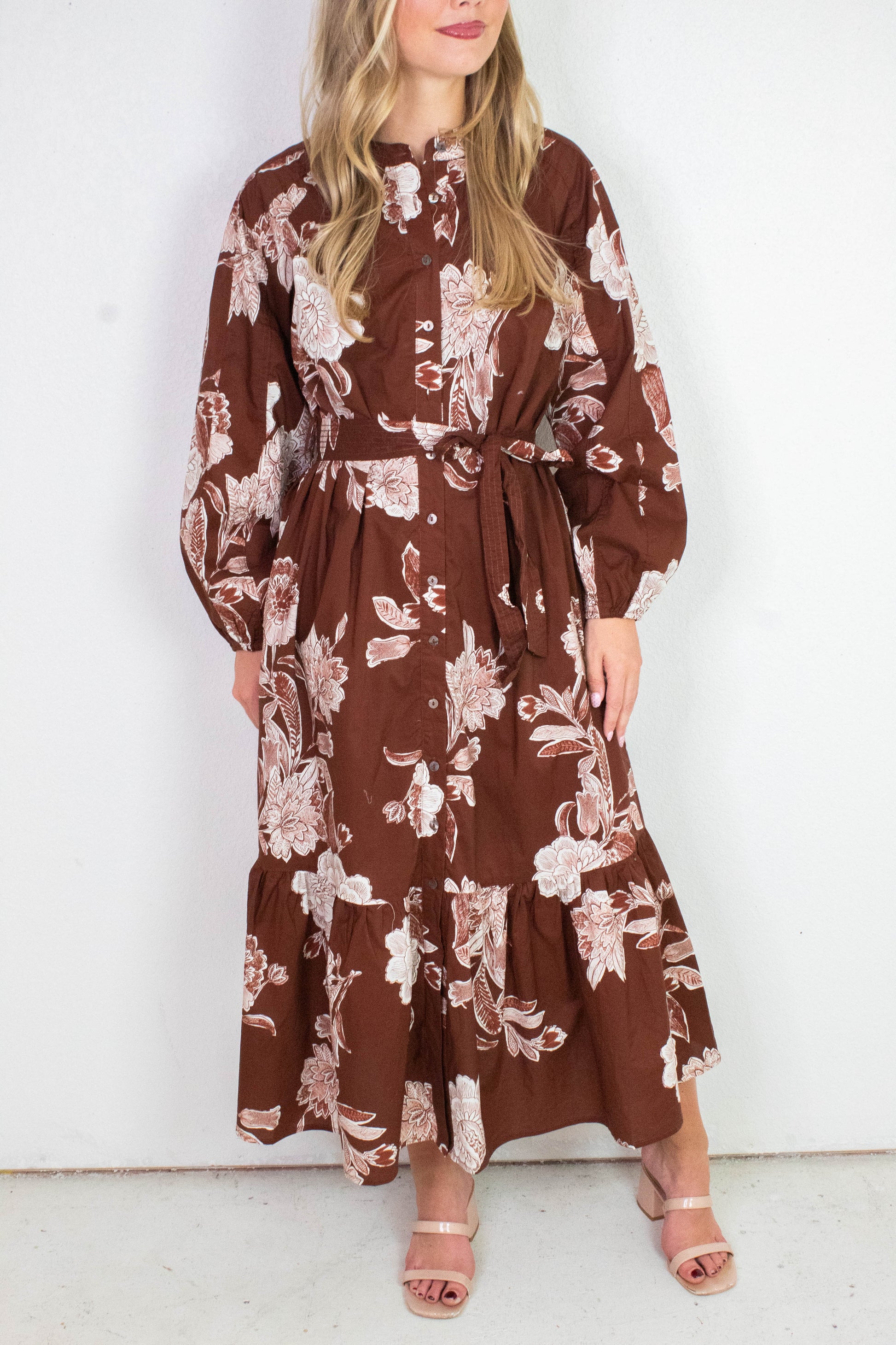  Monroe Floral Belted Maxi Dress, Brown