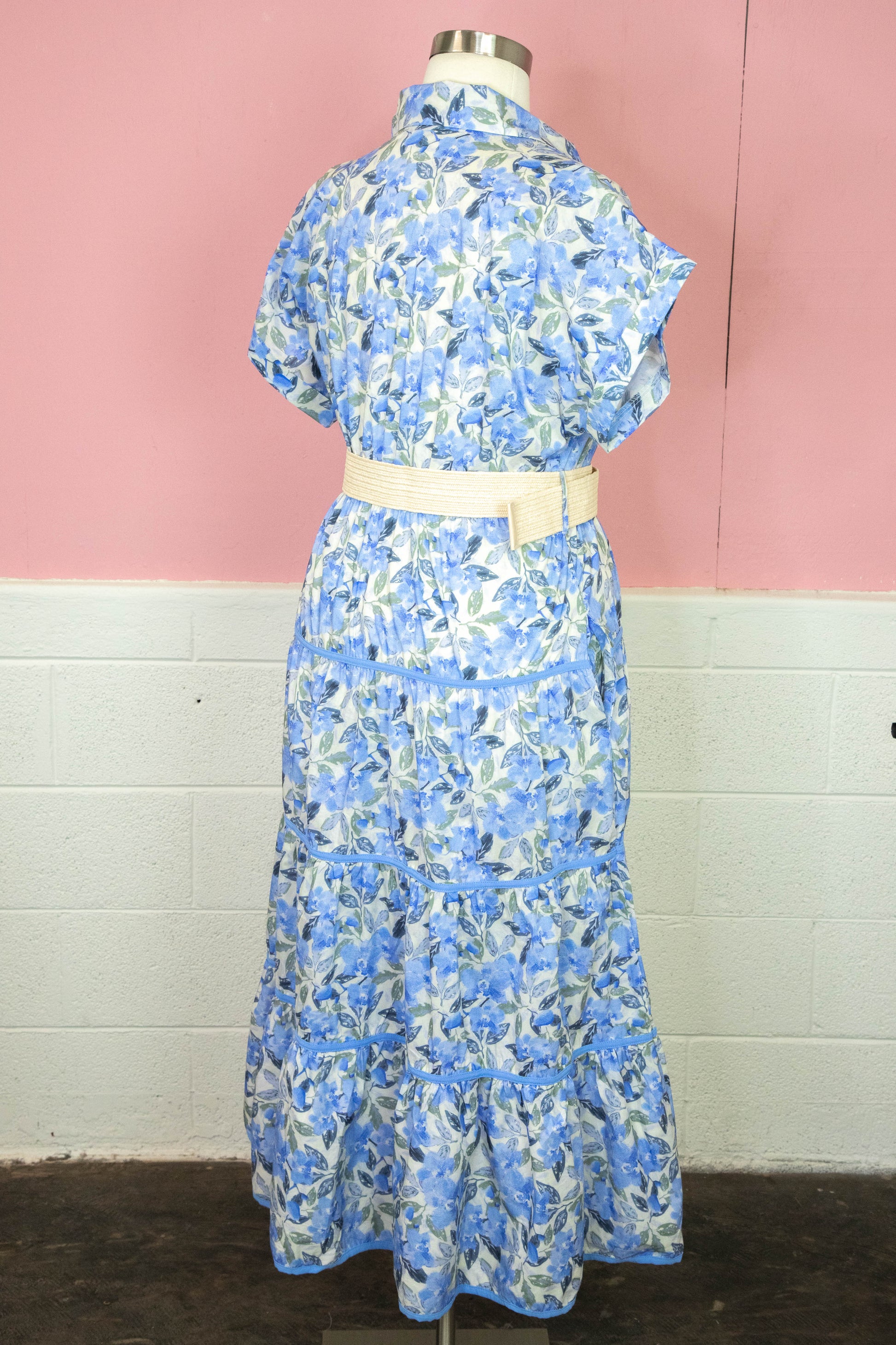  Margot Floral Tiered Belted Dress, Blue | Plus Size