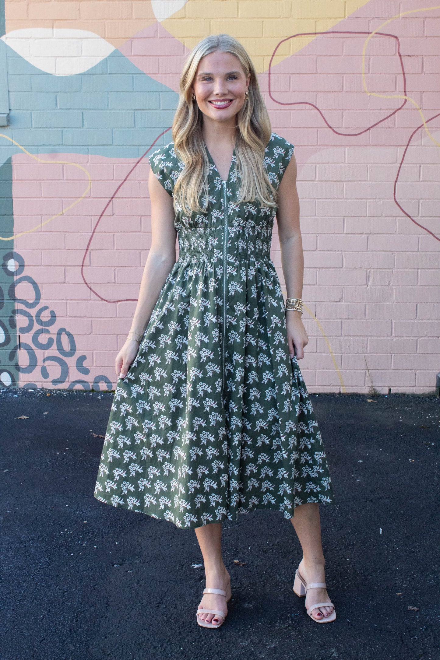  Lila Printed Front Zip Dress, Olive Green