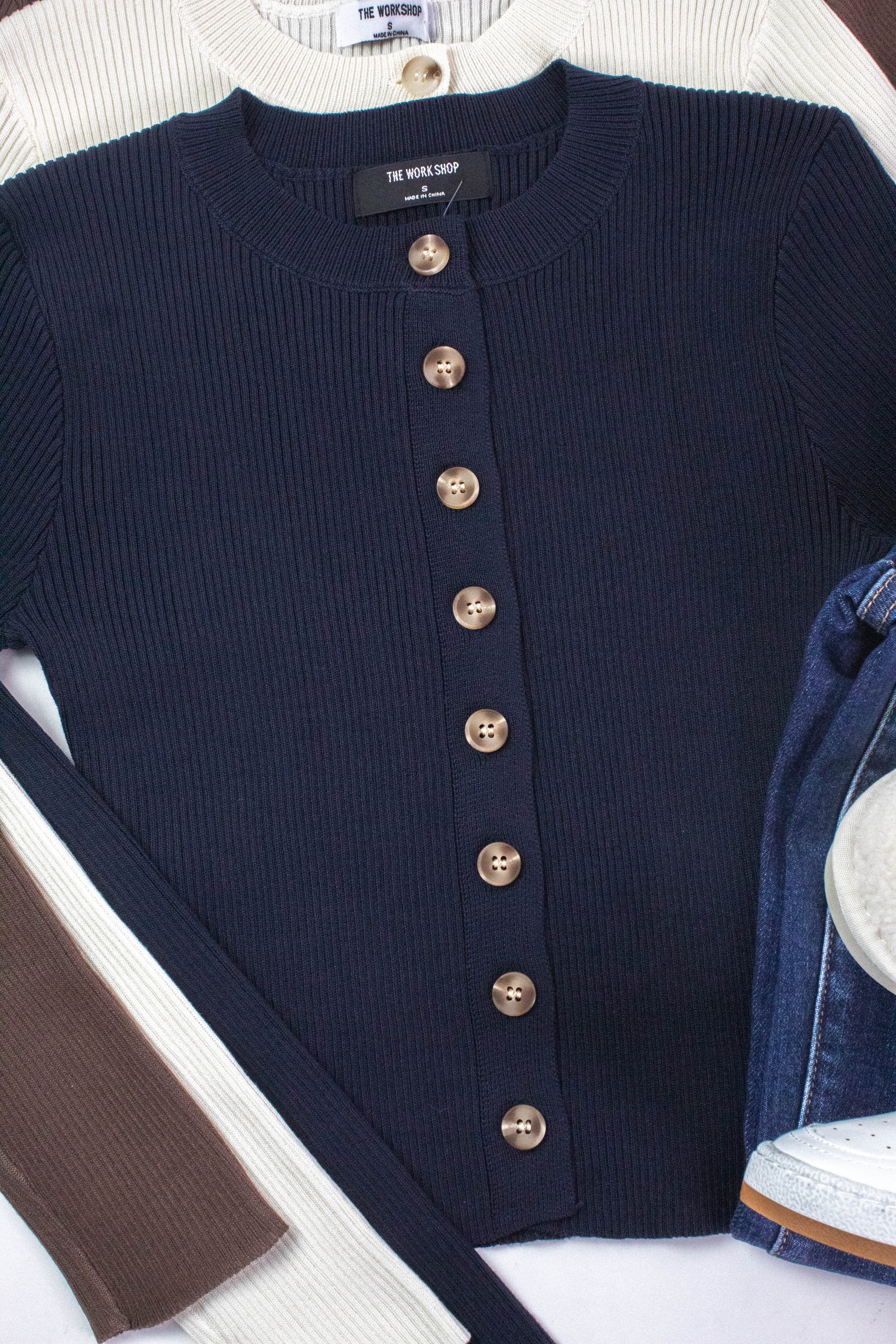  Josie Rib Knit Cropped Cardigan, Navy