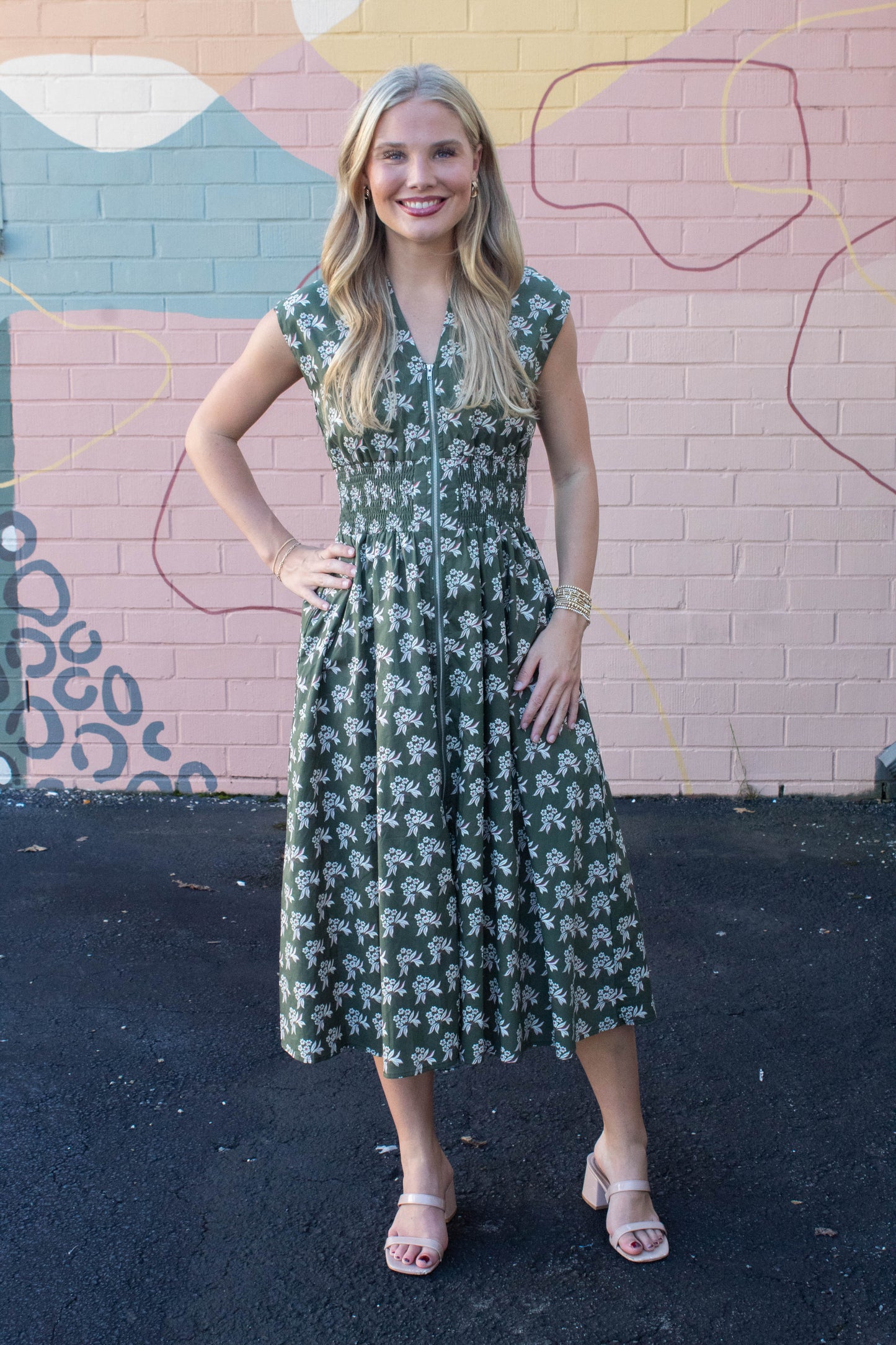  Lila Printed Front Zip Dress, Olive Green