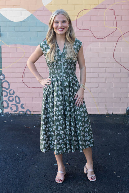  Lila Printed Front Zip Dress, Olive Green