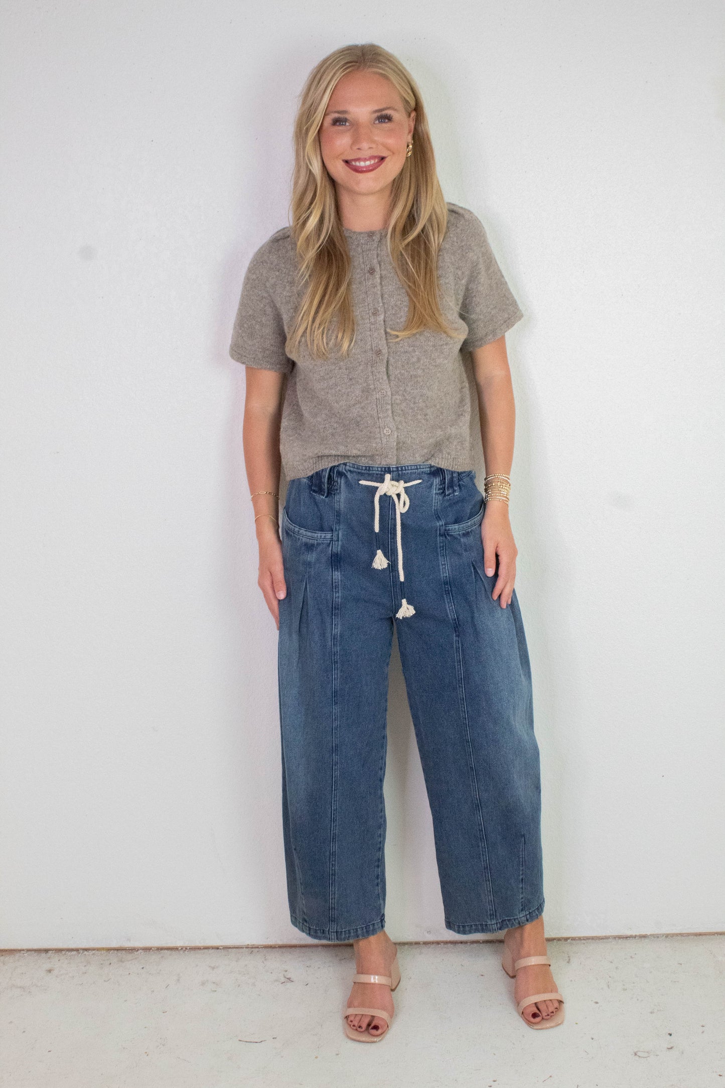  Raya Drawstring Barrel Leg Pants, Washed Denim
