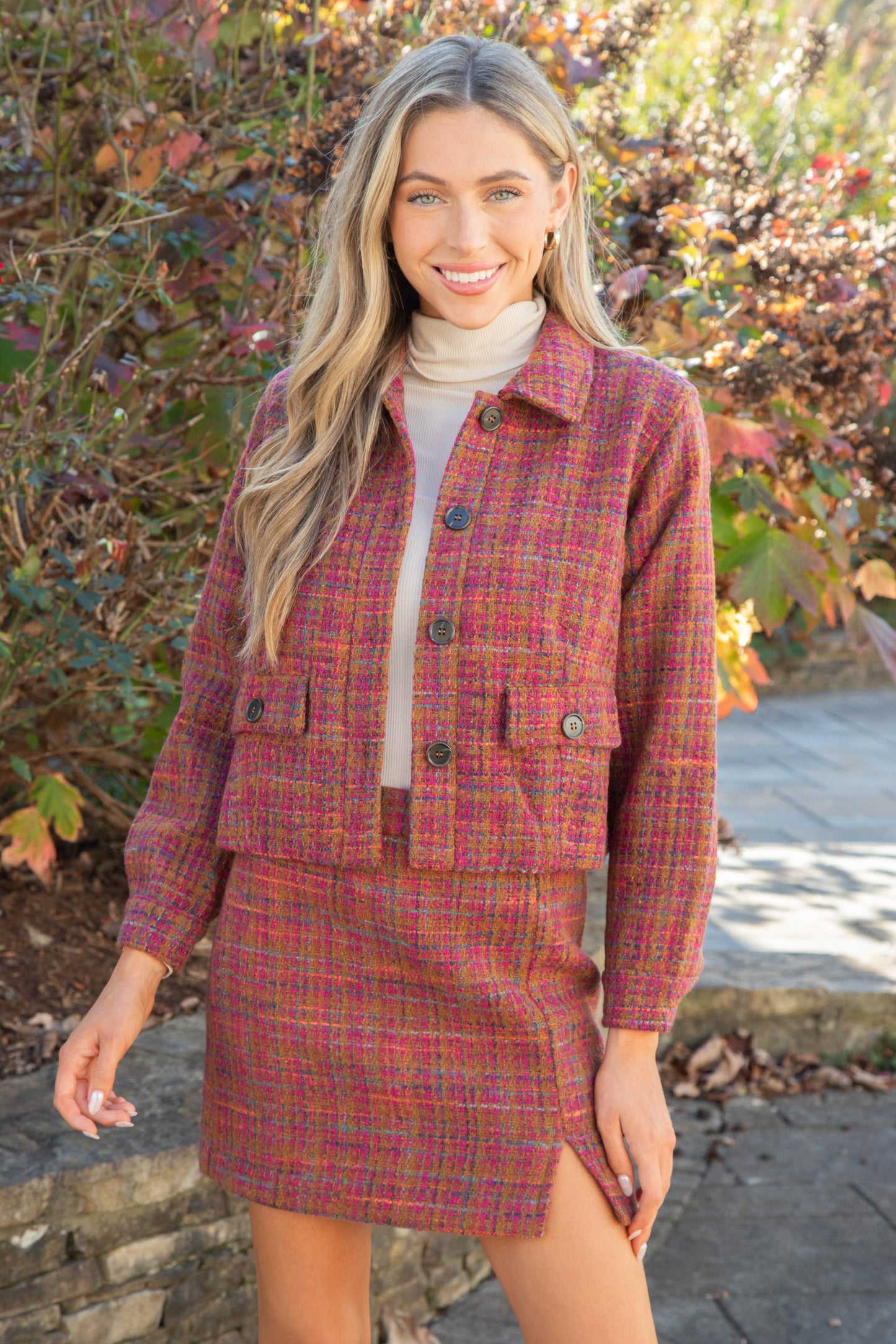  Kiah Tweed Mini Skirt, Plum/Camel