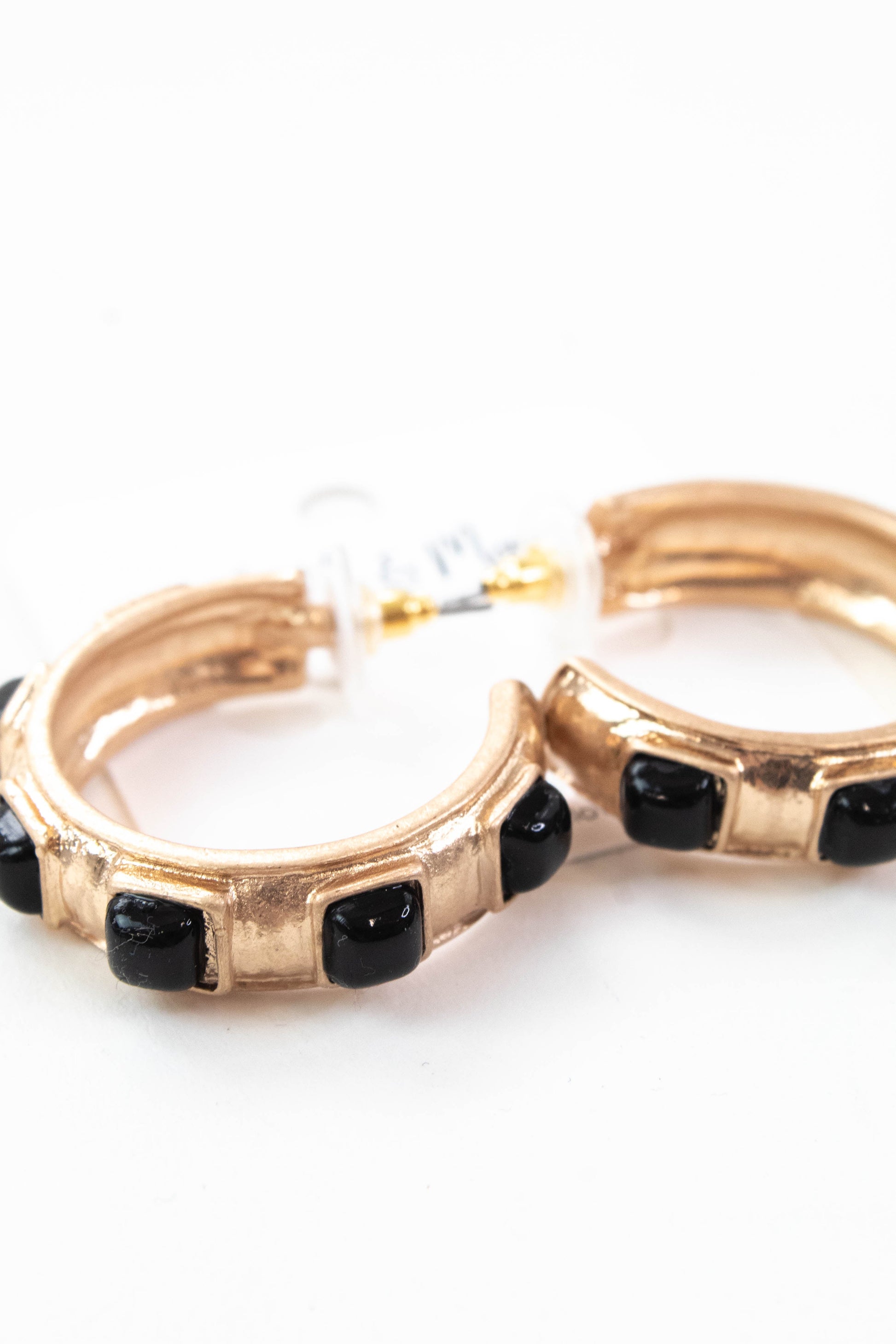  Macy Black Square Stone Hoop Earring, Worn Gold