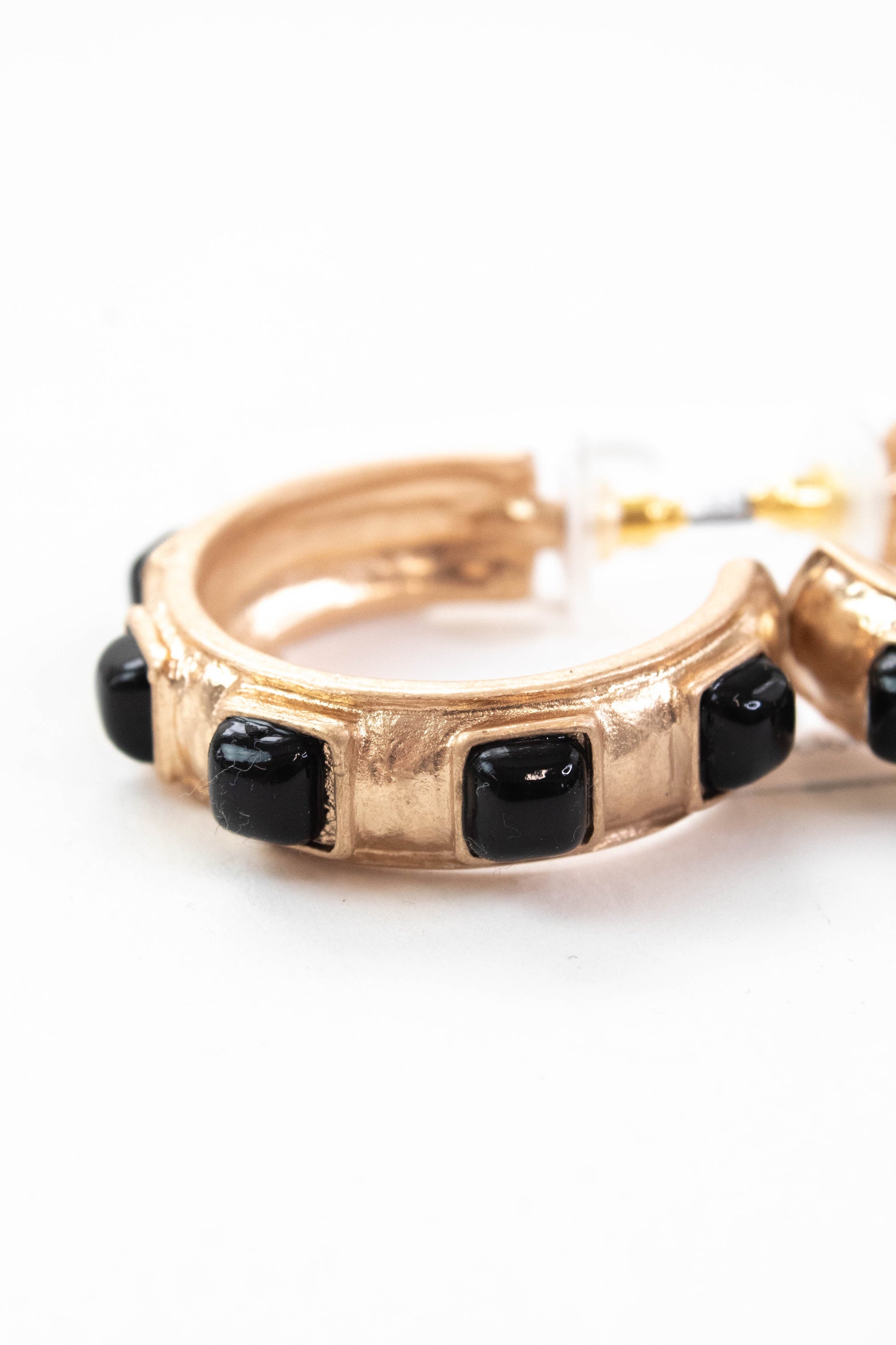  Macy Black Square Stone Hoop Earring, Worn Gold