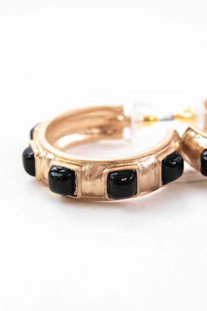  Macy Black Square Stone Hoop Earring, Worn Gold