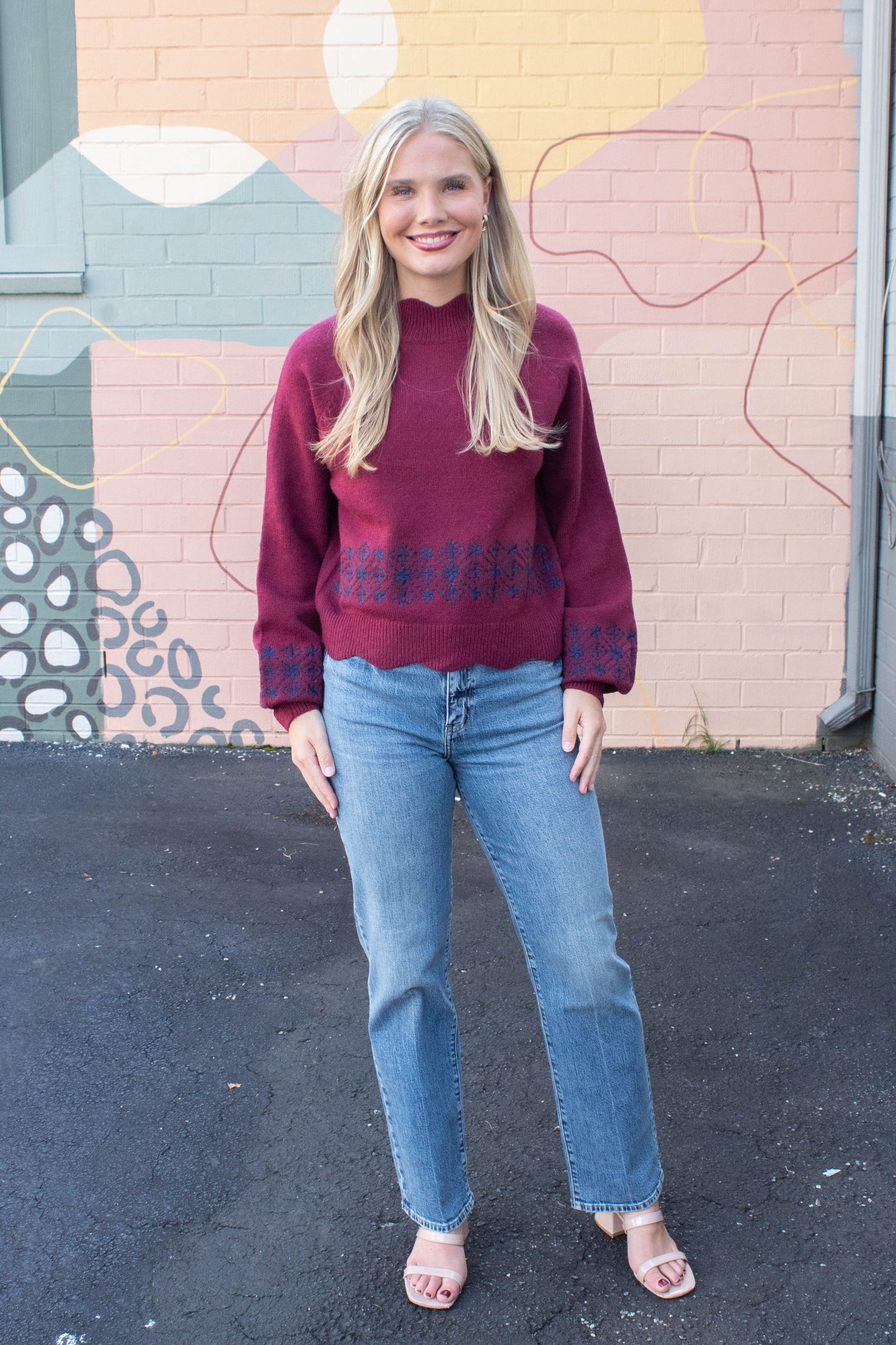  Ariana Scalloped Embroidered Sweater, Burgundy Navy