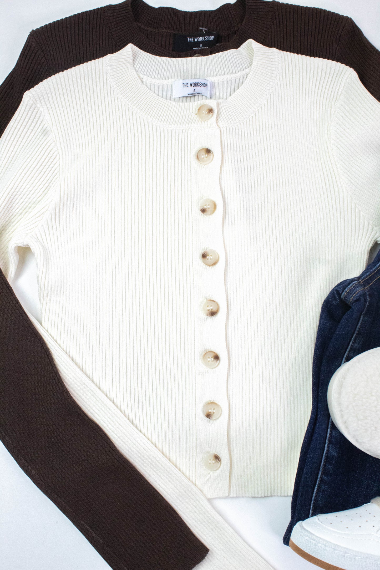  Josie Rib Knit Cropped Cardigan, Cream