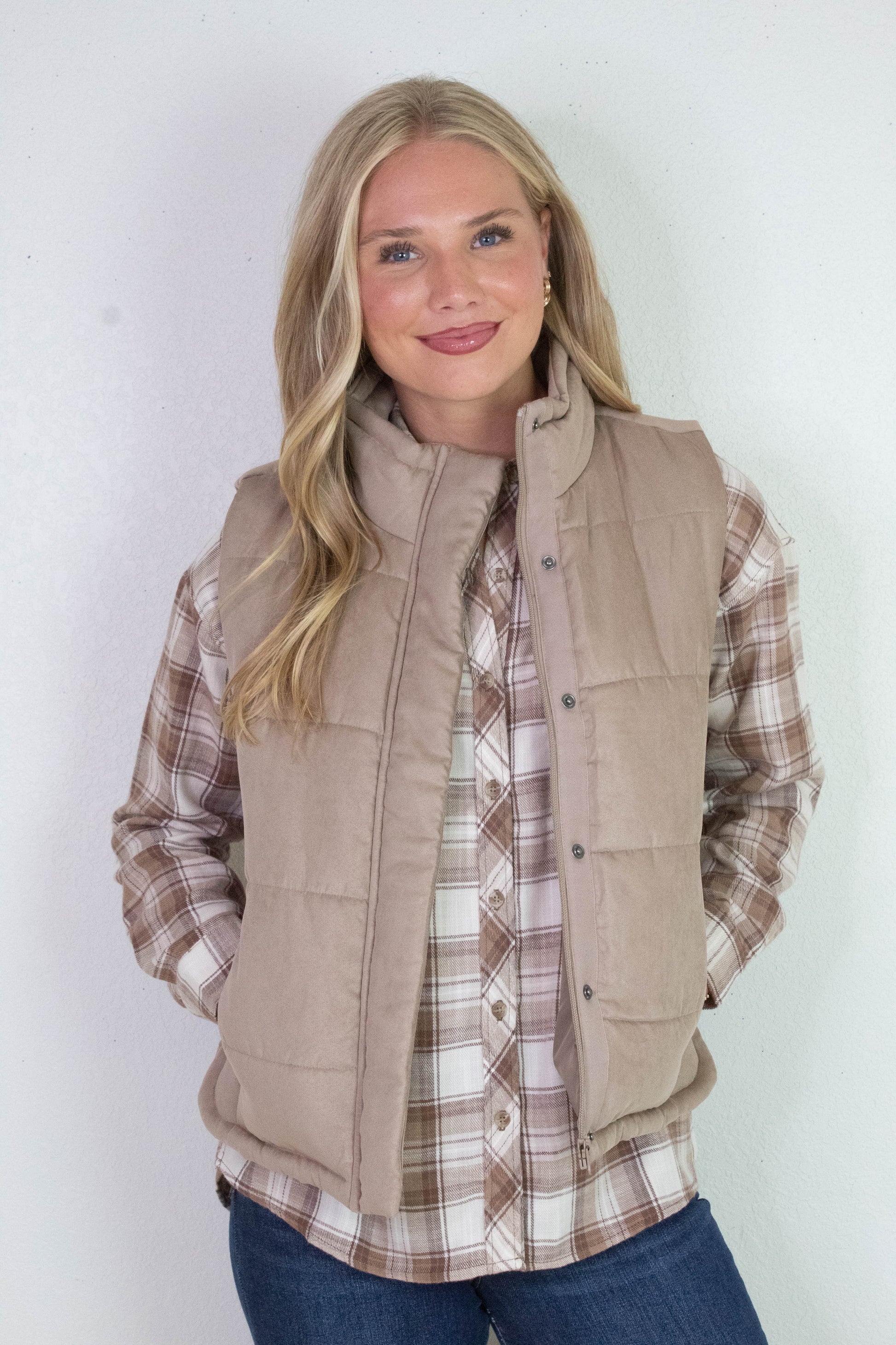 Be Cool Isabelle Suede Puffer Vest, Mocha