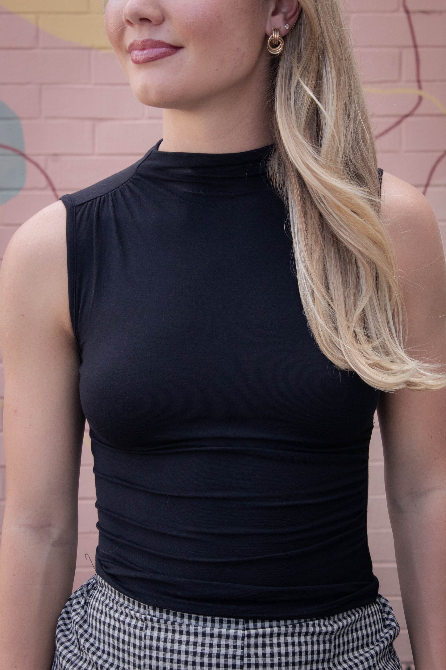 Josephine Mock Neck Ruched Top, Black