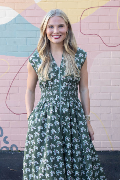  Lila Printed Front Zip Dress, Olive Green