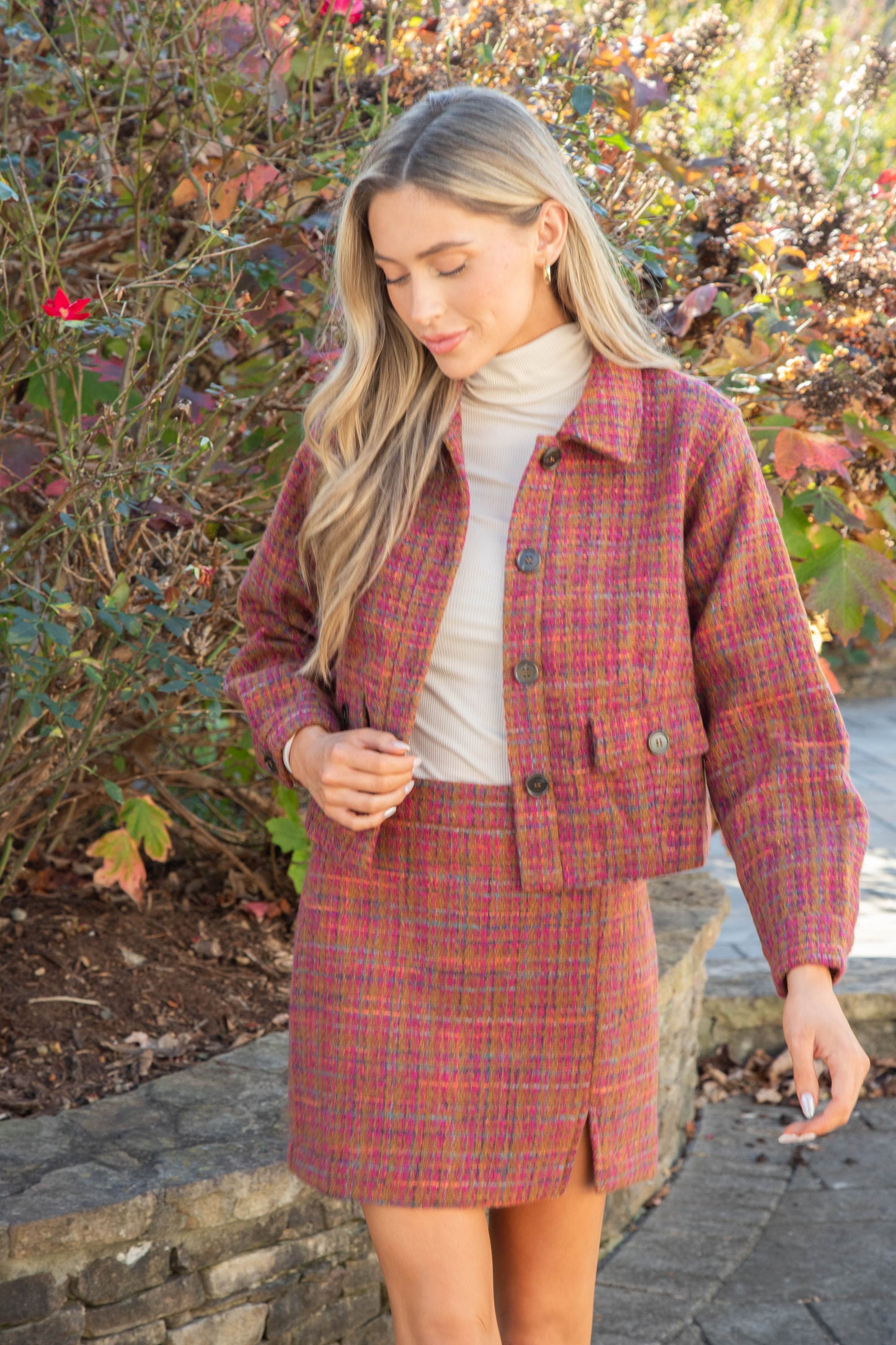  Kiah Tweed Mini Skirt, Plum/Camel