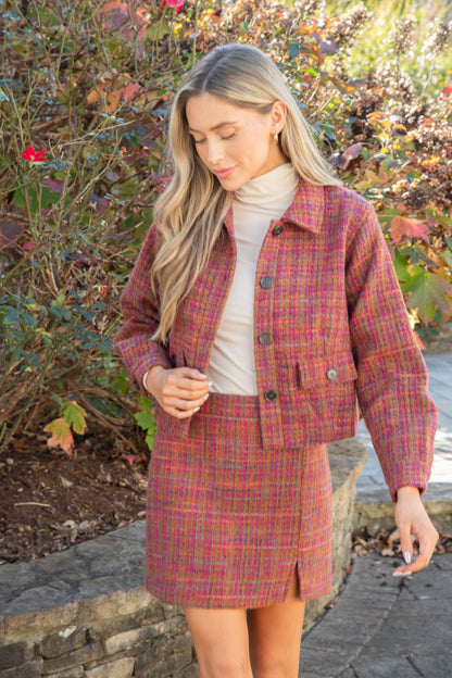  Kiah Tweed Mini Skirt, Plum/Camel