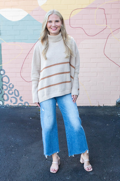  Myra Striped Turtleneck Sweater, Light Taupe