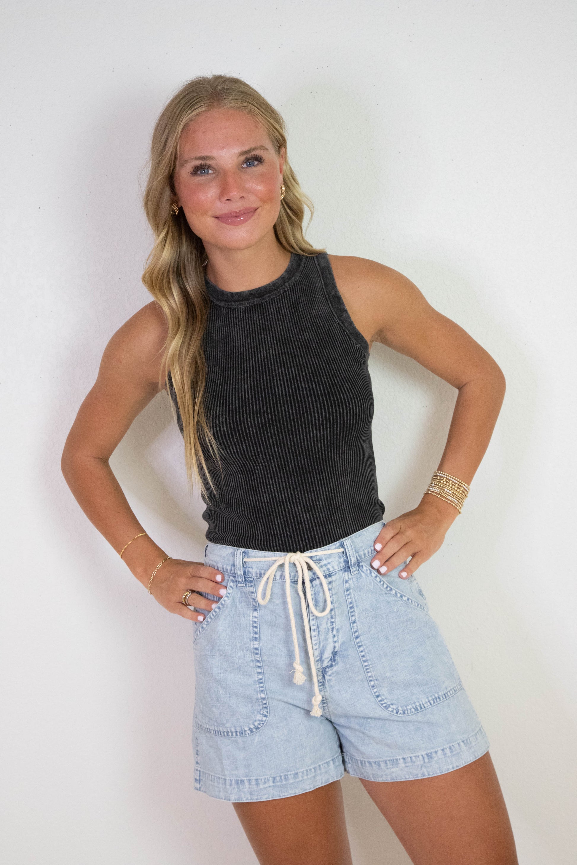  Elowen Washed Ribbed Tank Top, Charcoal