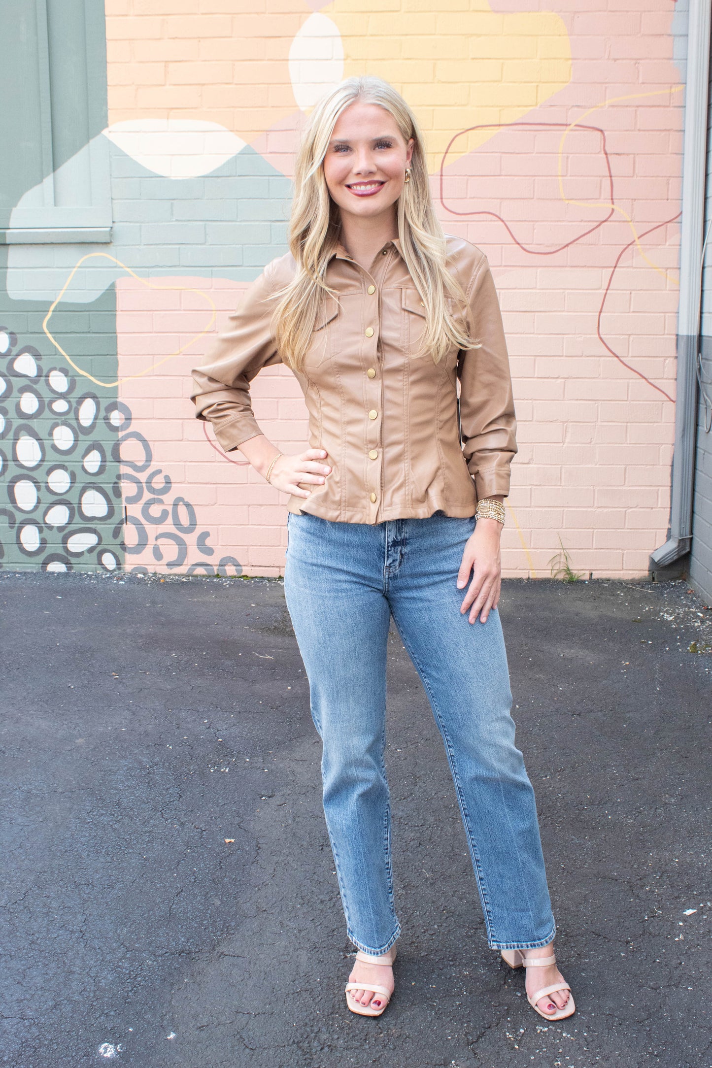 Penelope Faux Leather Peplum Jacket, Camel