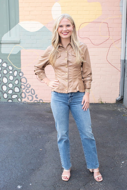  Penelope Faux Leather Peplum Jacket, Camel