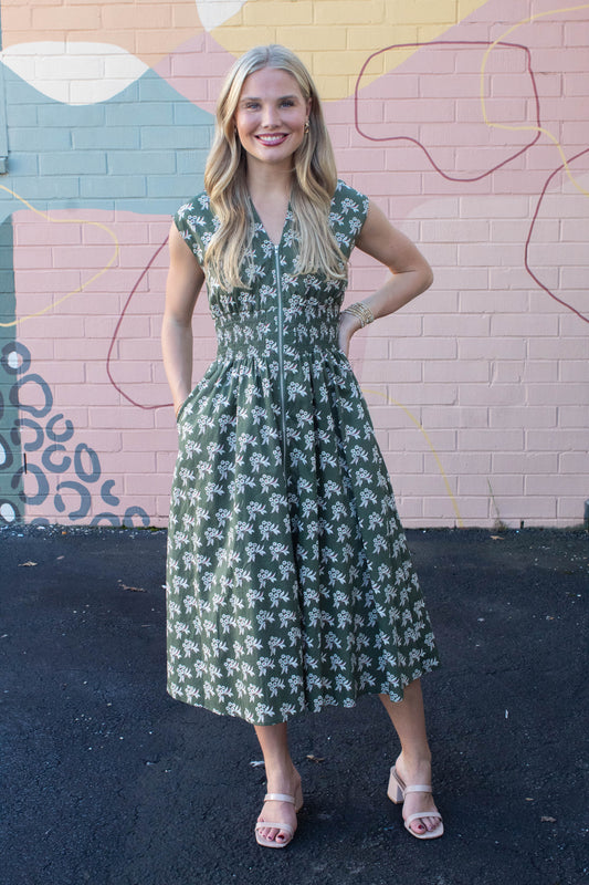  Lila Printed Front Zip Dress, Olive Green