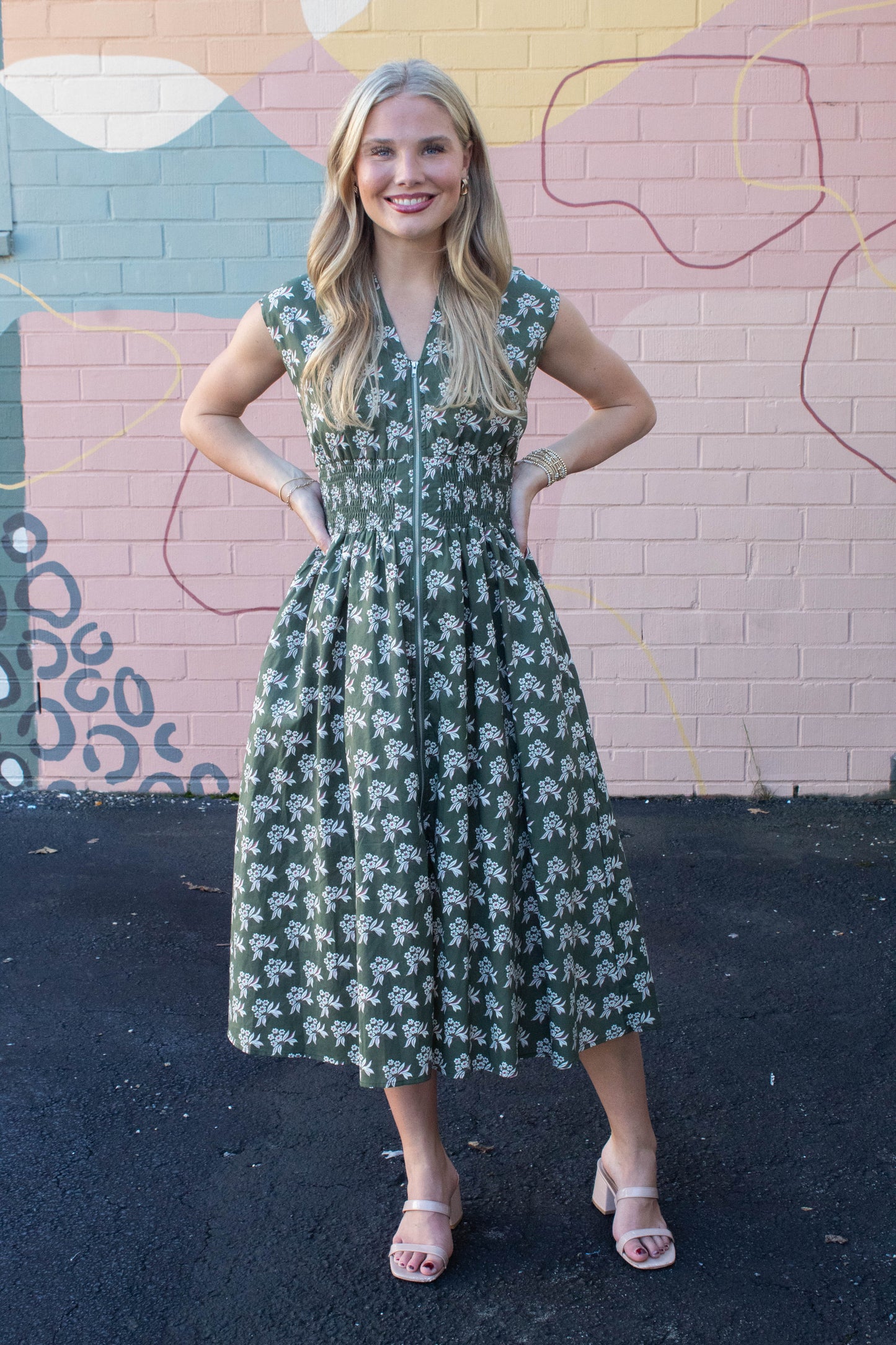  Lila Printed Front Zip Dress, Olive Green
