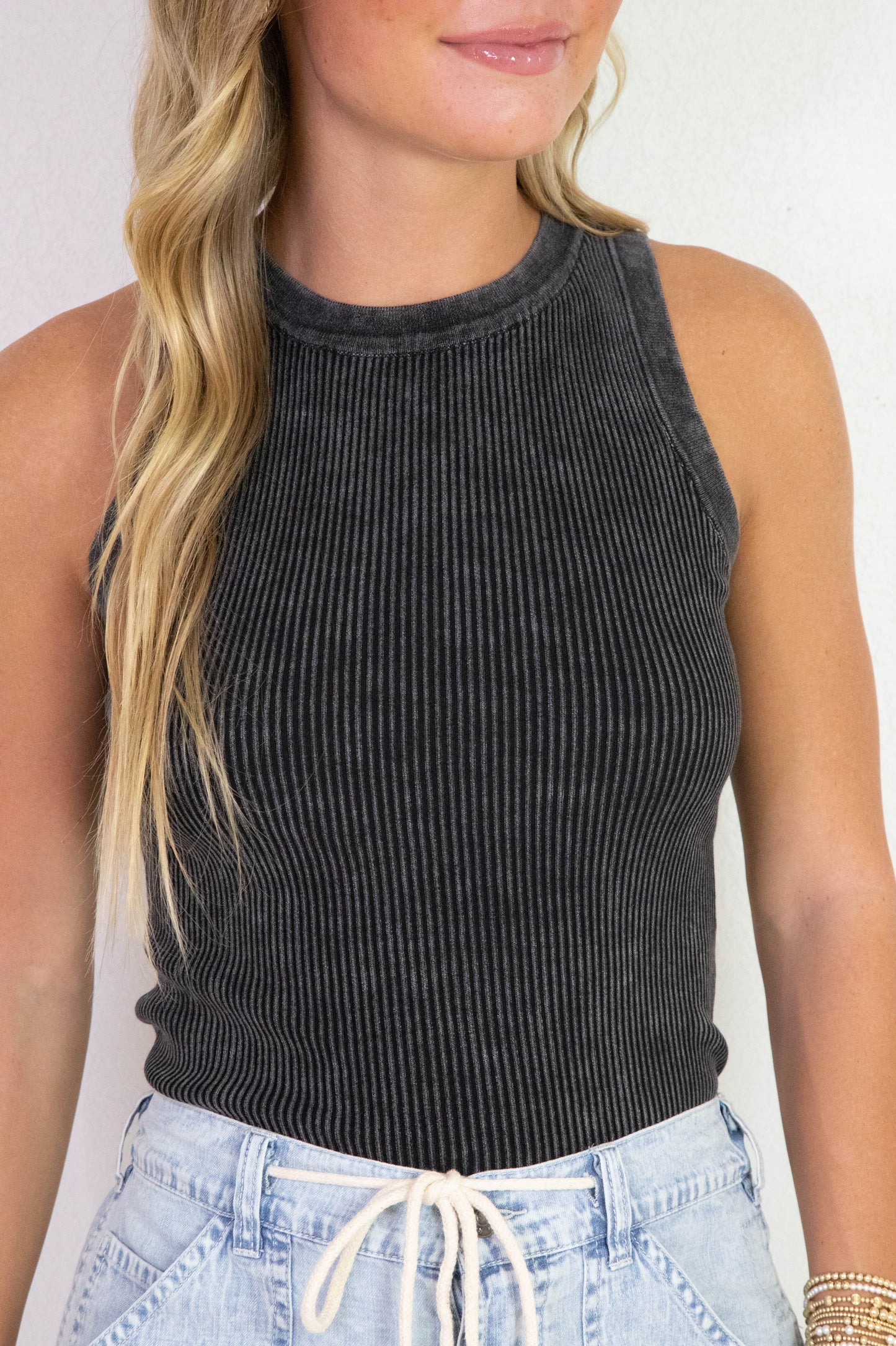  Elowen Washed Ribbed Tank Top, Charcoal