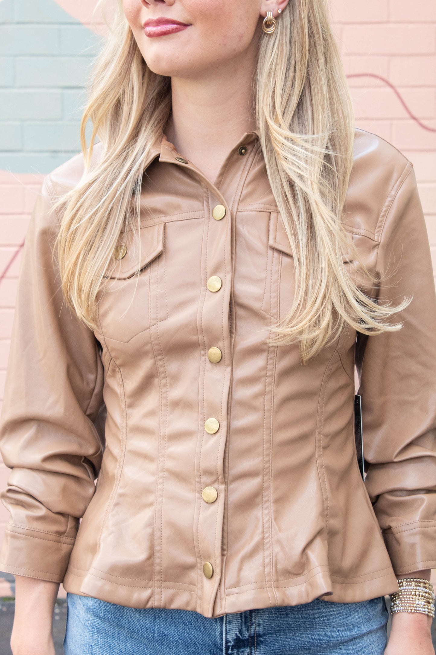  Penelope Faux Leather Peplum Jacket, Camel